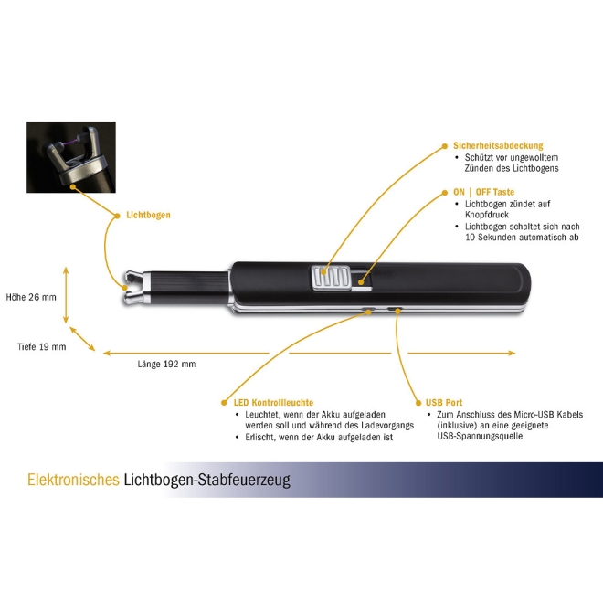 TFA Elektronisches Lichtbogen-Stabfeuerzeug, Micro-USB, Feuerzeug, Anzünder, 98.1119.01