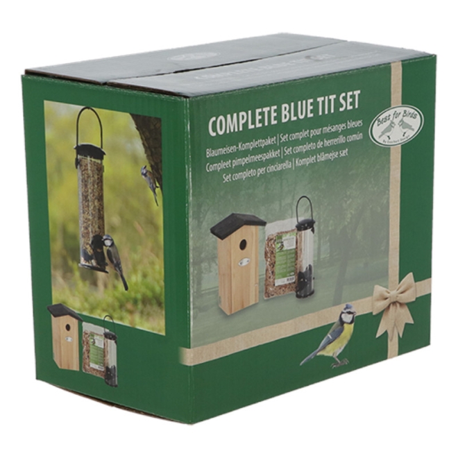 Esschert Design Blaumeisen-Komplettset: Nistkasten, Futtersilo und Vogelfutter, FB555