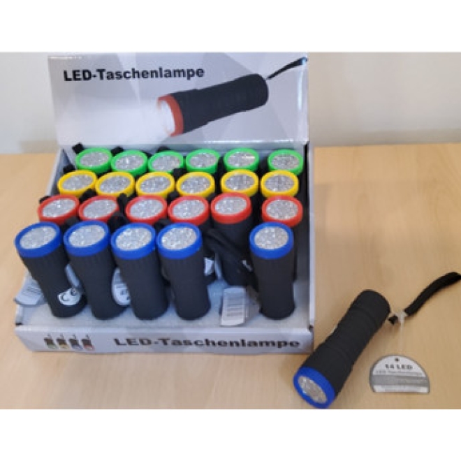LED Taschenlampe mit 14 LED´s, 24er Display - 4 versch. Farben - ohne Batterien
