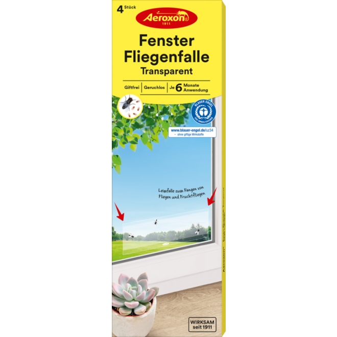 Aeroxon Fenster-Fliegenfalle Transparent, Leimfalle, Klebefalle für Fenster - 4 Stück