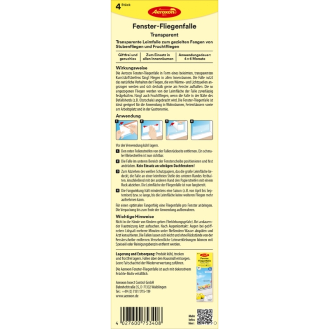 Aeroxon Fenster-Fliegenfalle Transparent, Leimfalle, Klebefalle für Fenster - 4 Stück