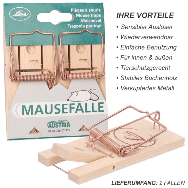 2x Mausefalle aus Holz - klassische Schlagfalle - Schnappfalle zur Mäuseabwehr - 2 Stück