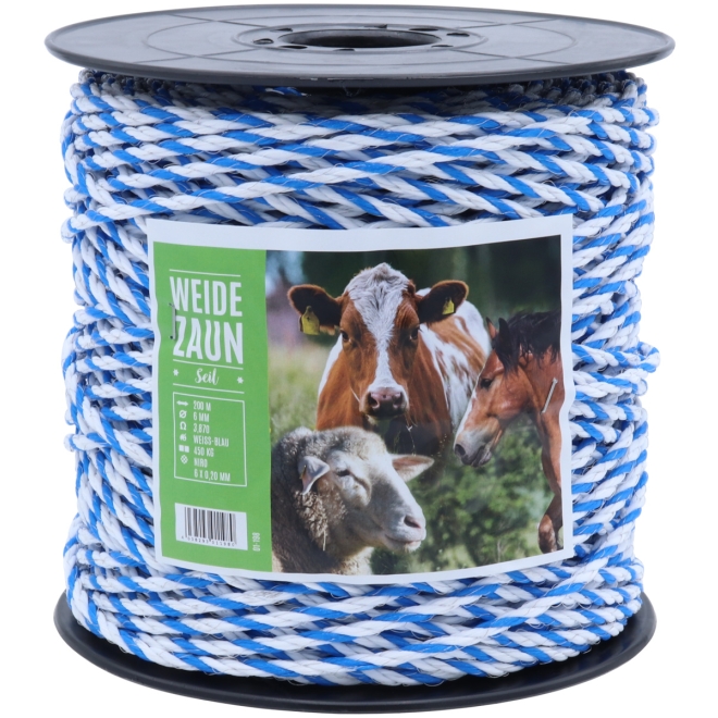 Weidezaunseil PROFI 200m, 6mm, 6 x 0,20 Niro, weiß-blau