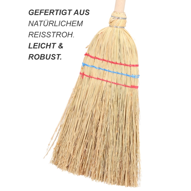 Kinder Reisstrohbesen mit Stiel - 3-fach genäht - Strohbesen für Kinder 100cm