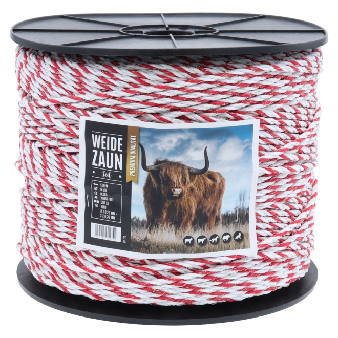 Weidezaunseil EXPERT 500m, 6mm, 8 x 0,20 + 3 x 0,30 Niro, weiß-rot