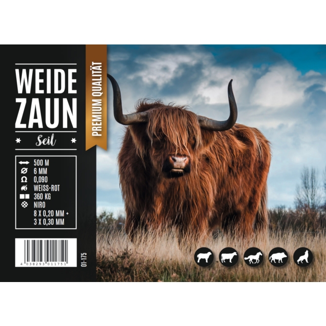 Weidezaunseil EXPERT 500m, 6mm, 8 x 0,20 + 3 x 0,30 Niro, weiß-rot