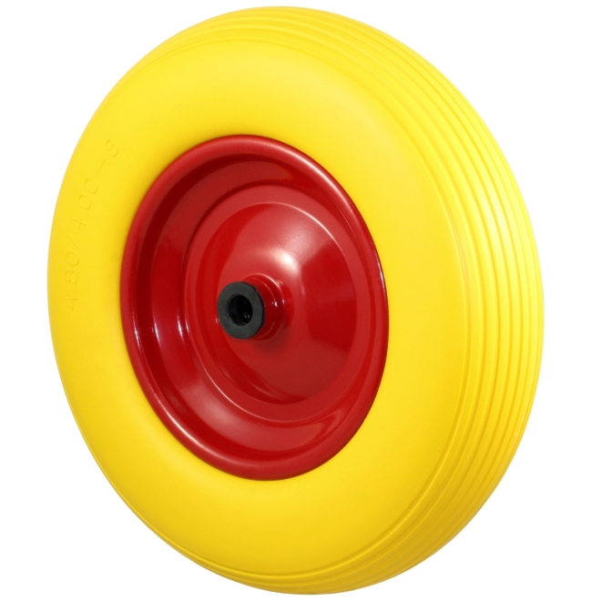 PU Schubkarrenrad Ø390mm (4.80/4.00-8) gelb, Stahlfelge, Achse Ø20mm, pannensicheres Rad