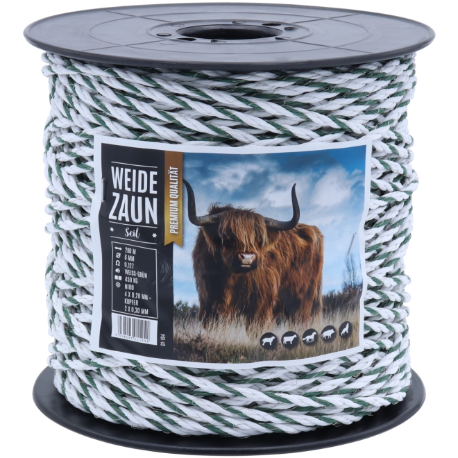 Weidezaunseil EXPERT 200m, 6mm, 4 x 0,20 Niro + 2 x 0,30 Kupfer, weiß-grün