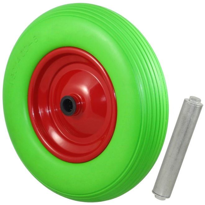 PU Schubkarrenrad Ø390mm (4.80/4.00-8) grün, Stahlfelge, Achse Ø25mm, pannensicheres Rad