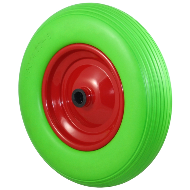 PU Schubkarrenrad Ø390mm (4.80/4.00-8) grün, Stahlfelge, Achse Ø25mm, pannensicheres Rad