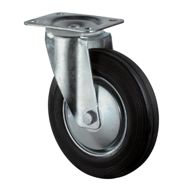 Lenkrolle Ø80mm, Gummi schwarz, 50 kg, Transportrolle mit Stahlfelge und Rollenlager