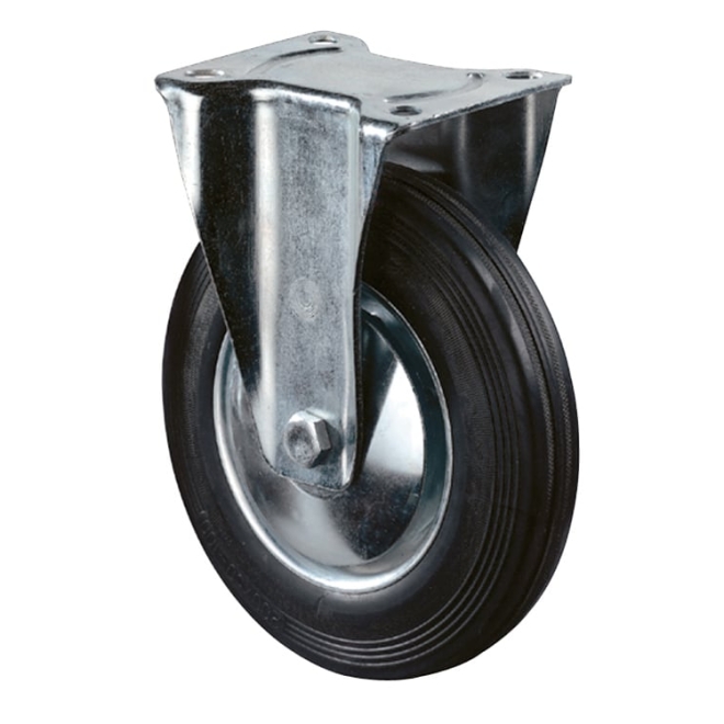 Bockrolle Ø80mm, Gummi schwarz, 50 kg, Transportrolle mit Stahlfelge und Rollenlager