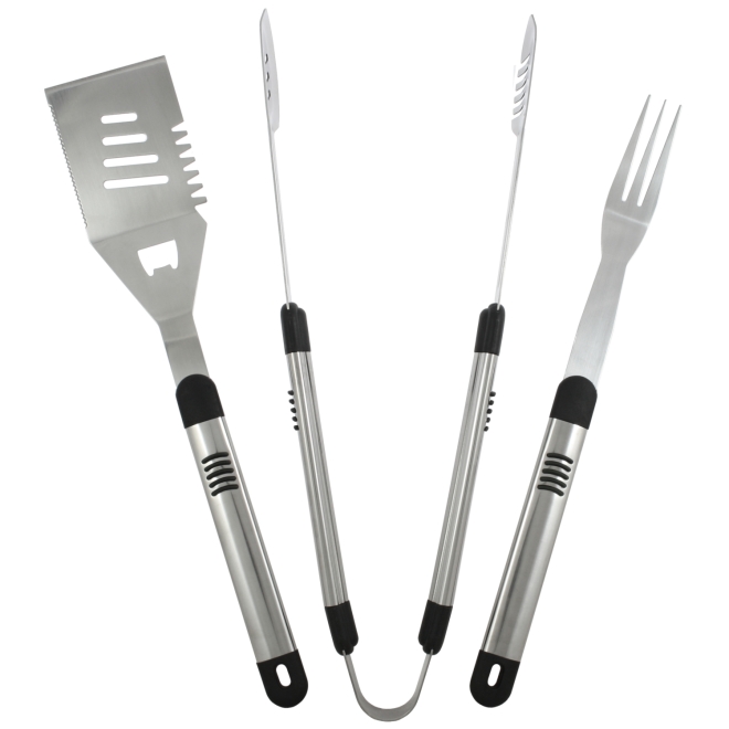Grillbesteck Edelstahl, 3-teilig: Grillzange, Grillwender, Grillgabel, BBQ-Besteck, Grillwerkzeug