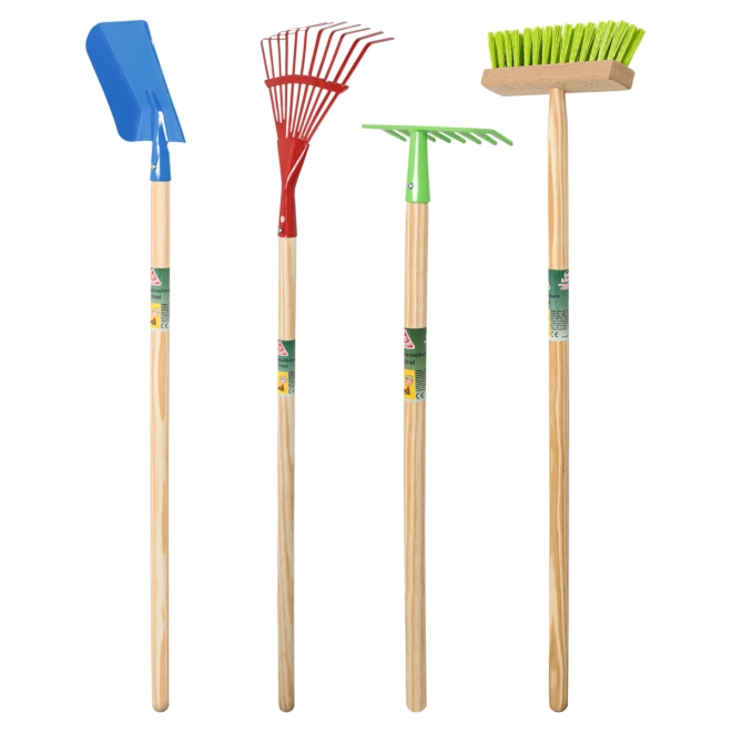 Kinder Gartengeräte Set 4-teilig - Schaufel, Rechen, Besen & Fächerbesen