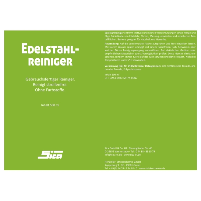 SICA Edelstahleiniger 500ml, Pumpspray, Reiniger für Edelstahl, Chrom und Messing