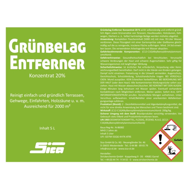 SICA Grünbelagentferner 5 Liter Kanister, Konzentrat 20%, Algenentferner, Moosentferner
