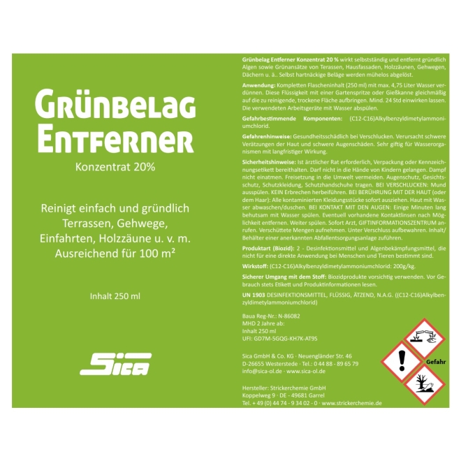 SICA Grünbelagentferner 250ml Rundflasche, Konzentrat 20%, Algenentferner, Moosentferner