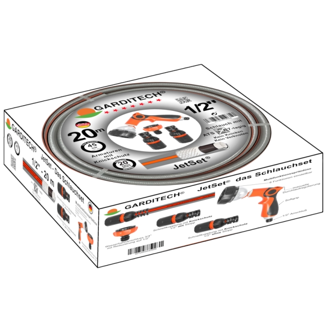 Garditech JetSet Garnitur: Premium Gartenschlauch 1/2 Zoll, 20m, 7-schichtig + Armaturen-Set