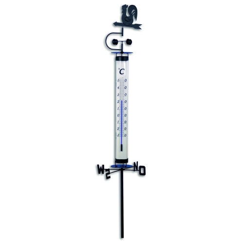 TFA Gartenthermometer 138cm, analoges Thermometer mit Wetterhahn und Windrad, 12.2035