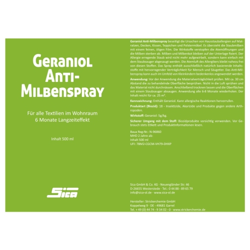 SICA Geraniol Anti-Milbenspray 500ml Pumpspray, für alle Textilien, 6 Monate Langzeiteffekt