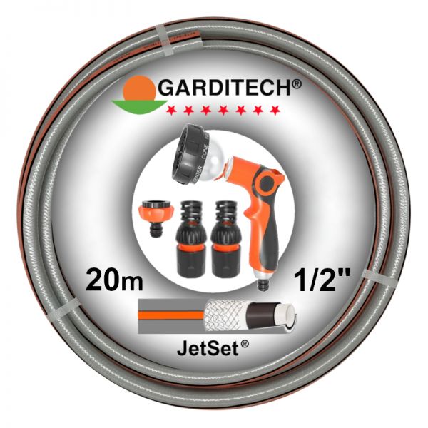 Garditech JetSet Garnitur: Premium Gartenschlauch 1/2 Zoll, 20m, 7-schichtig + Armaturen-Set