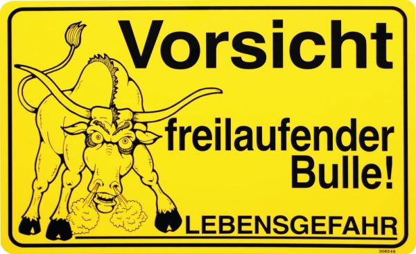 Warnschild: Vorsicht freilaufender Bulle, lustig, gelb, 300x200mm, Hinweisschild