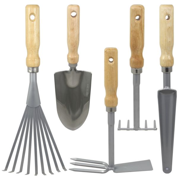 Garten-Kleingeräte-Set mit Holzgriff, 5-teilig: Schaufel, Fächerbesen, Rechen, Hacke, Unkrautstecher