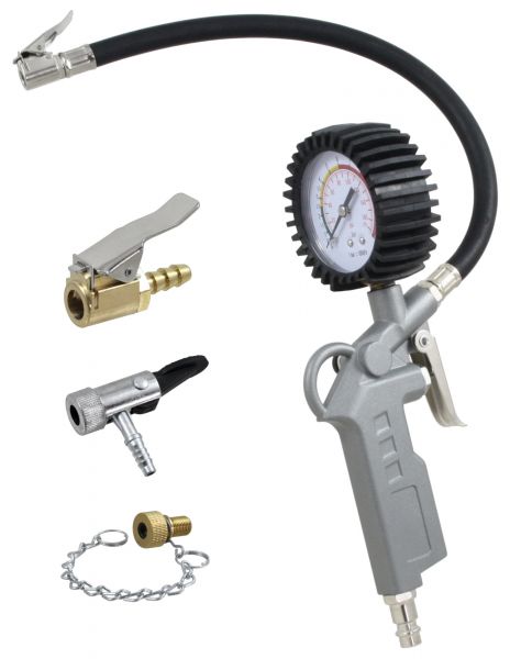 Reifenfüllmesser mit Pistolengriff, Manometer und 35cm Schlauch +3er Adapter-Set Ventilstecker