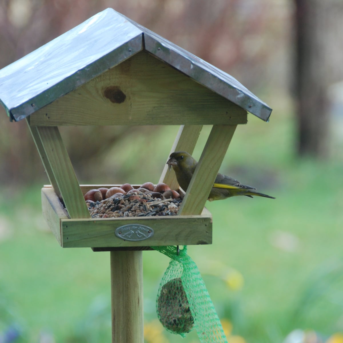 Futterhäuschen auf Holzstab Esschert Vogelfutterhaus mit Haken für Futterball