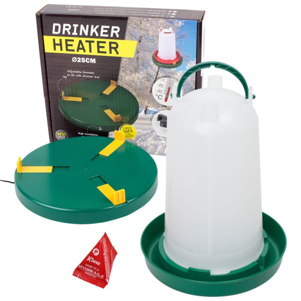Komplettset: Tränkenwärmer Ø25cm + Geflügeltränke 3 Liter + Vitamine 20ml