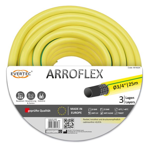 ARROFLEX Gartenschlauch 3/4 Zoll, 25m, 3-schichtig, Trikotgewebe, PVC Wasserschlauch