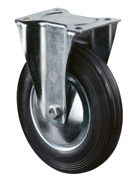 Bockrolle Ø80mm, Gummi schwarz, 50 kg, Transportrolle mit Stahlfelge und Rollenlager