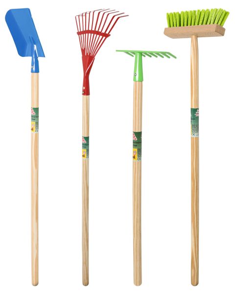 Kinder Gartengeräte Set 4-teilig - Schaufel, Rechen, Besen &amp; Fächerbesen