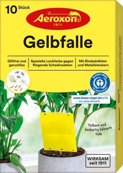 Aeroxon Gelbfalle mit Lockfarbe, Leimfalle zum Schutz von Pflanzen - 10 Stück